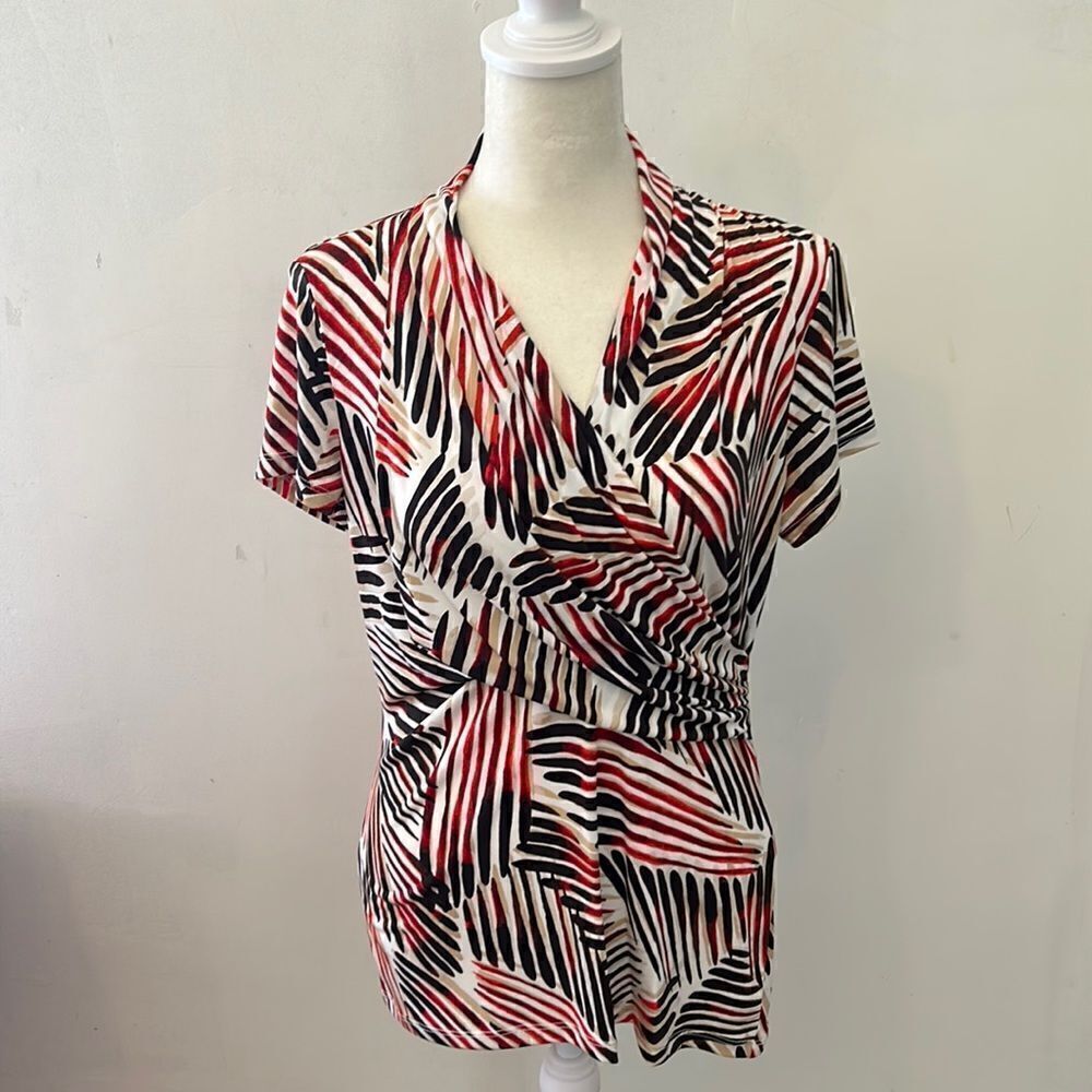 DKNY black multicolored patterned short sleeve blouse Size S New
